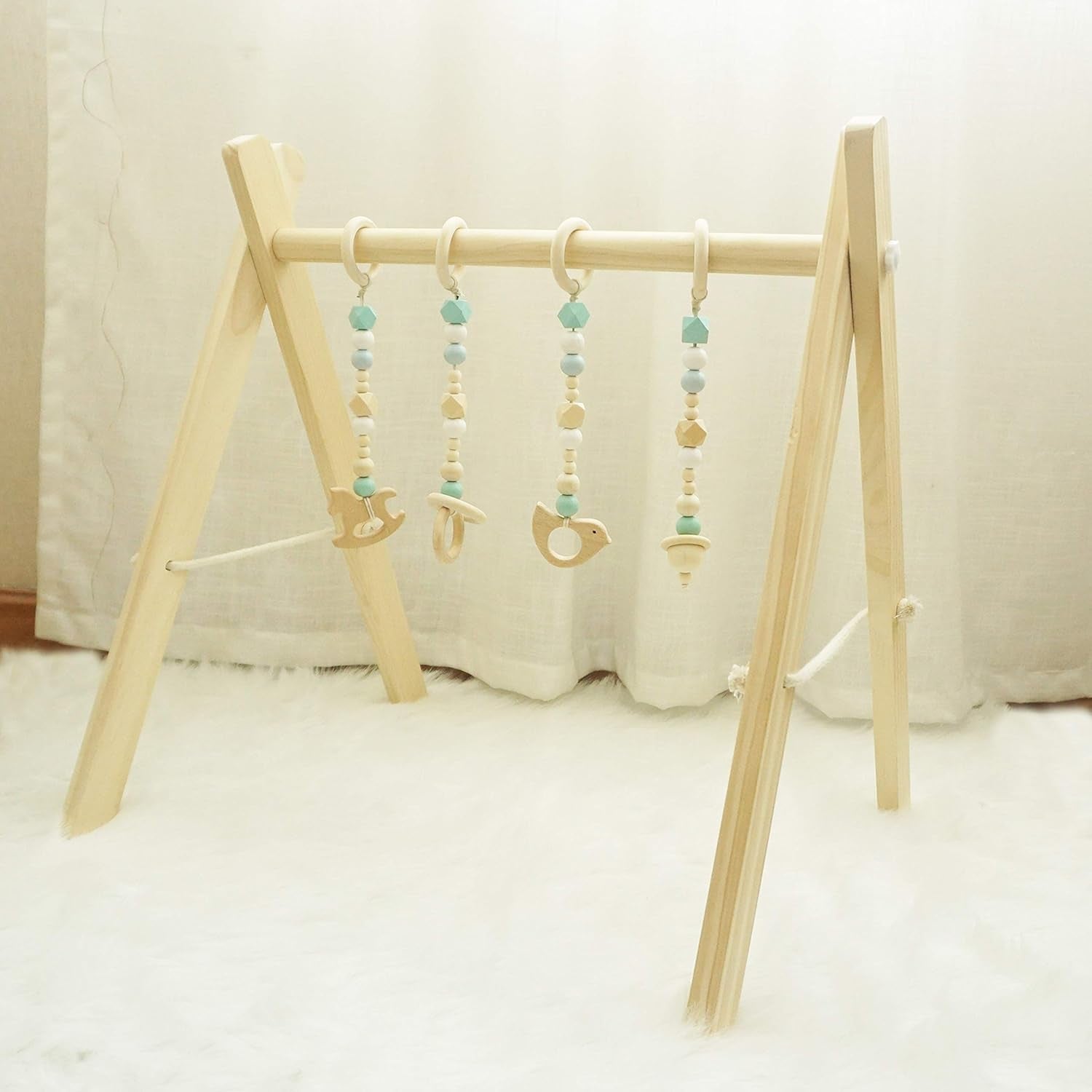 Baby Play Gym, Wooden Baby Gym with 4 Infant Toys, Foldable Wood Gyms Frame Hanging Bar for Toddler, Newborn, Baby Girls and Boys Shower Gift Play Toys