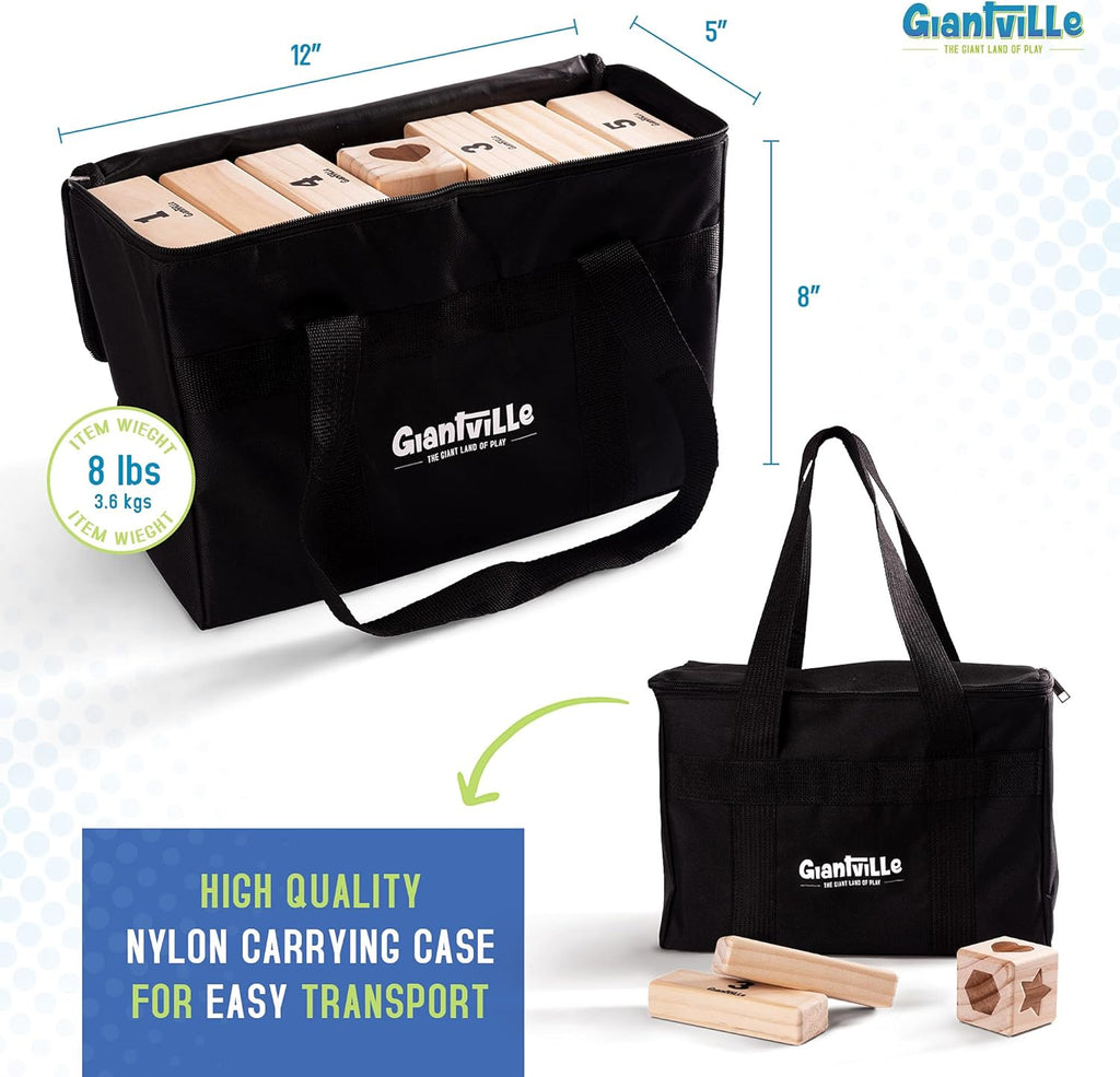 Giant Tumbling Timber Toy - Premium Pine Wood Life-Size Blocks Tower - Big Floor/Board Indoor/Outdoor Yard Game for Kids & Adults - 54-Pieces + Dice + Carry Bag - Grows to Almost 3-Feet