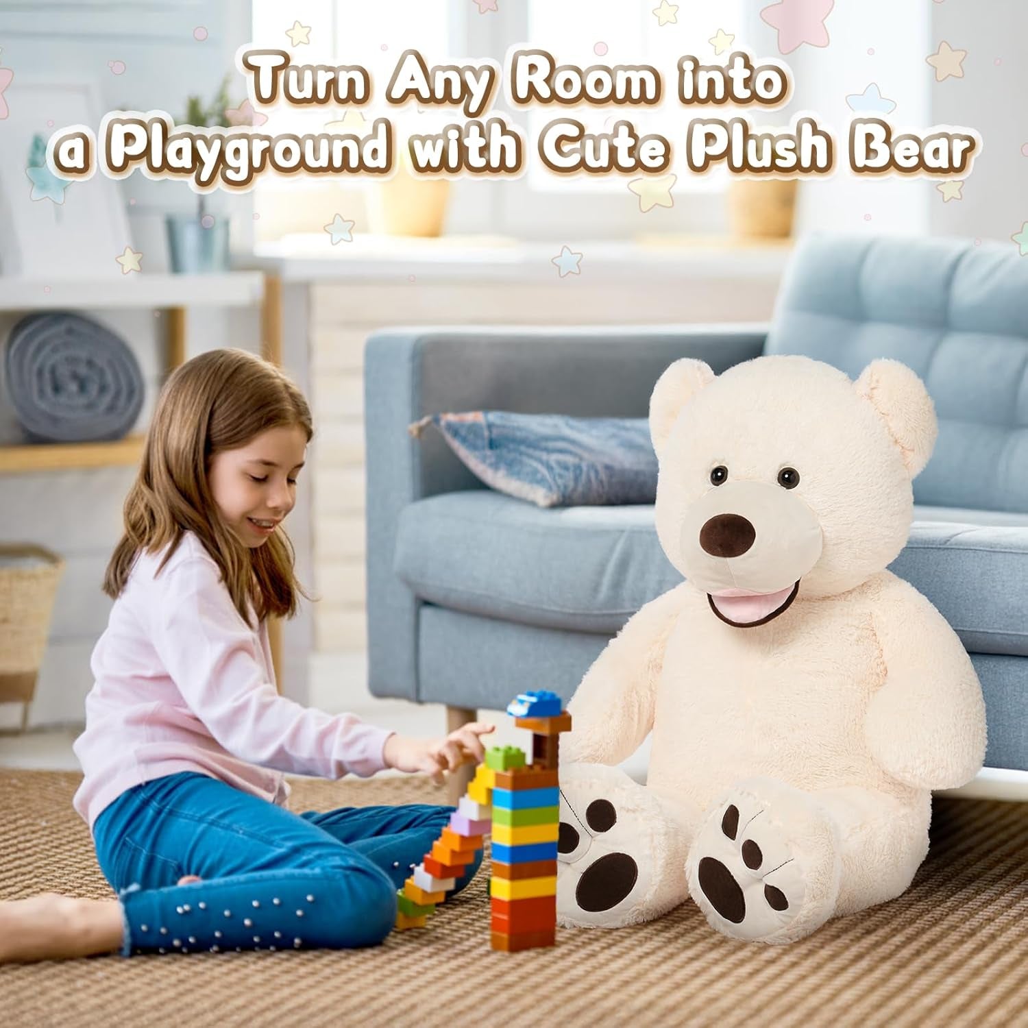 Giant Teddy Bear, 39Inch Large Stuffed Animals with Big Footprints Plush Stuffed Bears Gifts for Kids, Beige