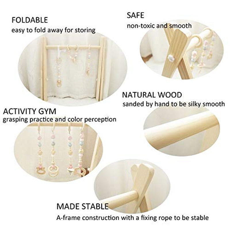 Baby Play Gym, Wooden Baby Gym with 4 Infant Toys, Foldable Wood Gyms Frame Hanging Bar for Toddler, Newborn, Baby Girls and Boys Shower Gift Play Toys