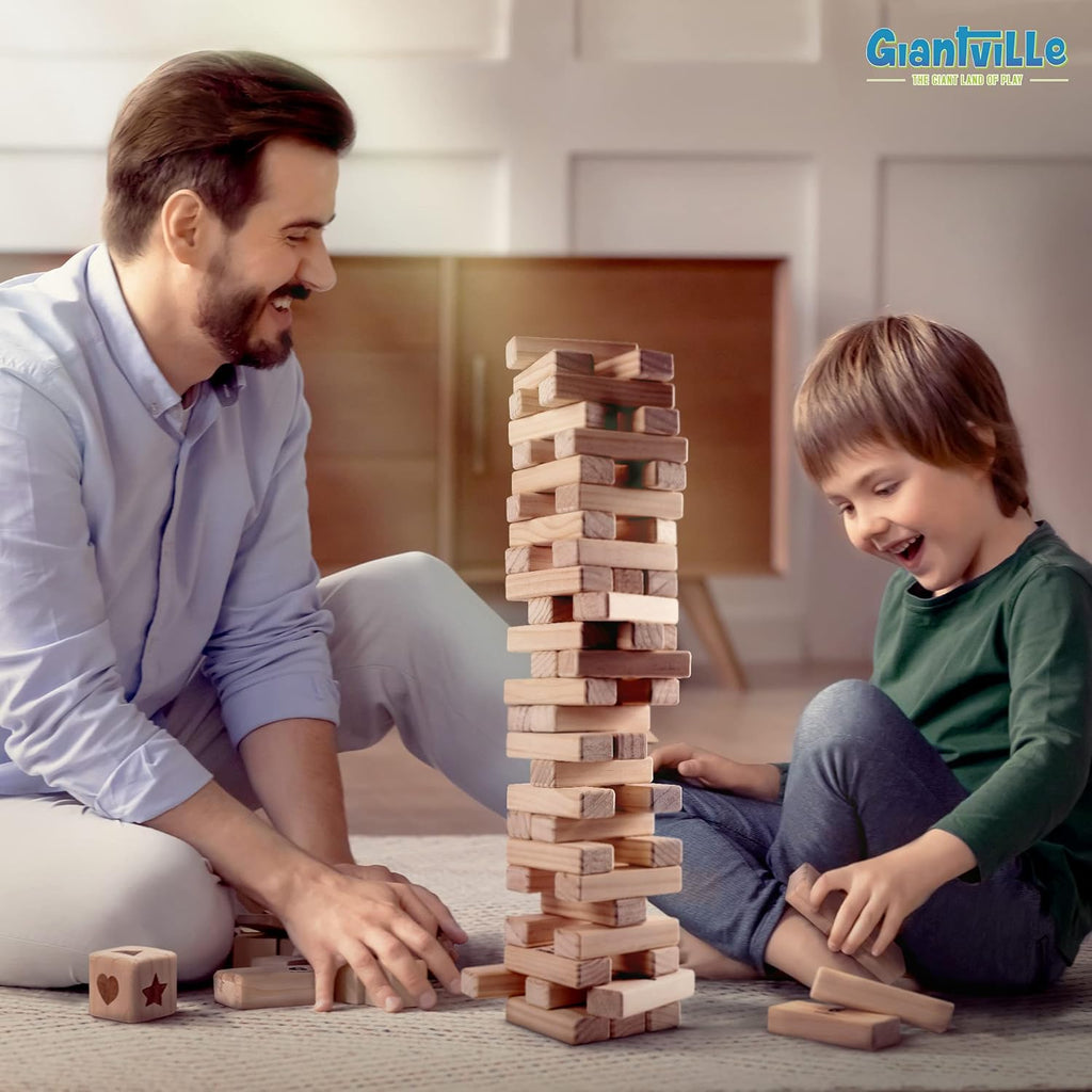 Giant Tumbling Timber Toy - Premium Pine Wood Life-Size Blocks Tower - Big Floor/Board Indoor/Outdoor Yard Game for Kids & Adults - 54-Pieces + Dice + Carry Bag - Grows to Almost 3-Feet