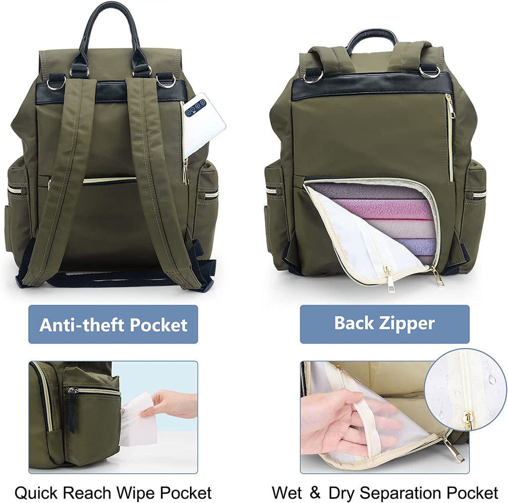 Baby Diaper Bag Backpack with Stroller Hooks,  Multi-Function Stylish Travel Diaper Back Pack for Mom and Dad, Baby Changing Bag, Maternity Nappy Bag for Boys and Girls, Large Capacity, Green