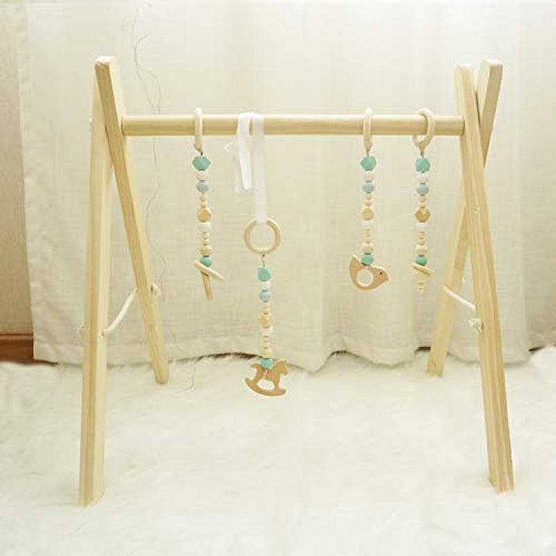 Baby Play Gym, Wooden Baby Gym with 4 Infant Toys, Foldable Wood Gyms Frame Hanging Bar for Toddler, Newborn, Baby Girls and Boys Shower Gift Play Toys
