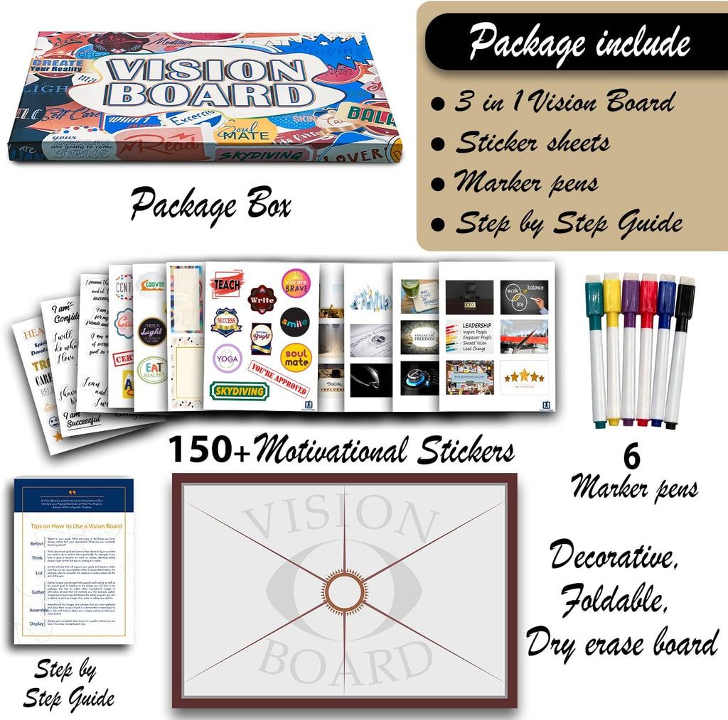 3 in 1 Vision Board: Decorative, Foldable, Dry Erase Vision Board Kit with 200+ Motivational Stickers. 27” X 17” Board to Manifest Your Goals Using Law of Attraction (Zion)