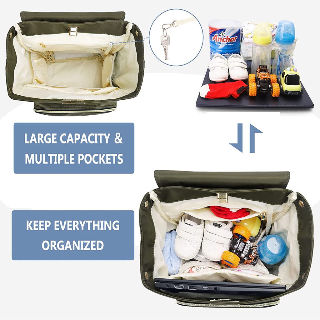 Baby Diaper Bag Backpack with Stroller Hooks,  Multi-Function Stylish Travel Diaper Back Pack for Mom and Dad, Baby Changing Bag, Maternity Nappy Bag for Boys and Girls, Large Capacity, Green