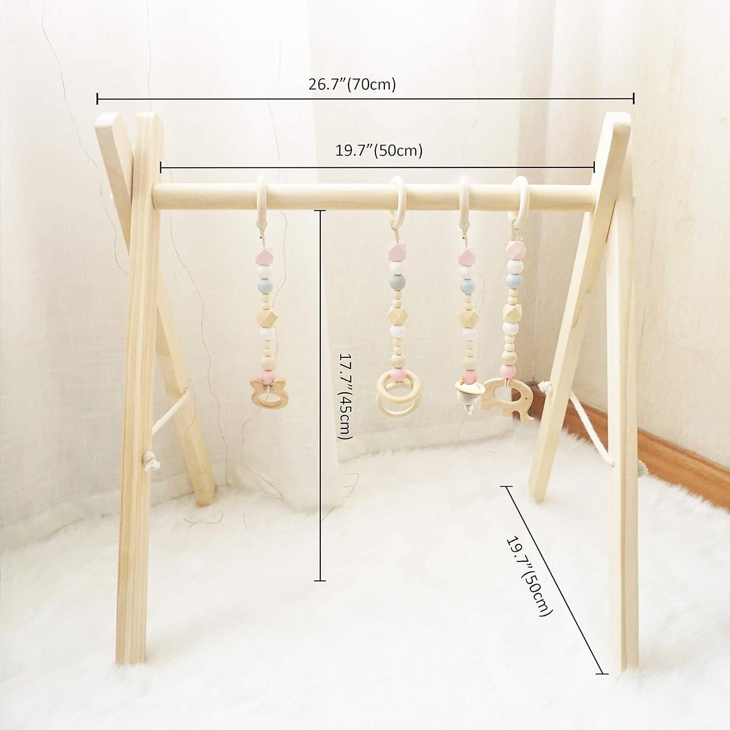 Baby Play Gym, Wooden Baby Gym with 4 Infant Toys, Foldable Wood Gyms Frame Hanging Bar for Toddler, Newborn, Baby Girls and Boys Shower Gift Play Toys