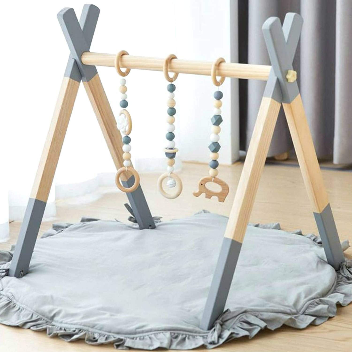 Wooden Baby Play Gym with Mat, Baby Play Gym Frame Activity Gym Hanging Bar with 5 Gym Baby Toys Gift for Newborn Baby