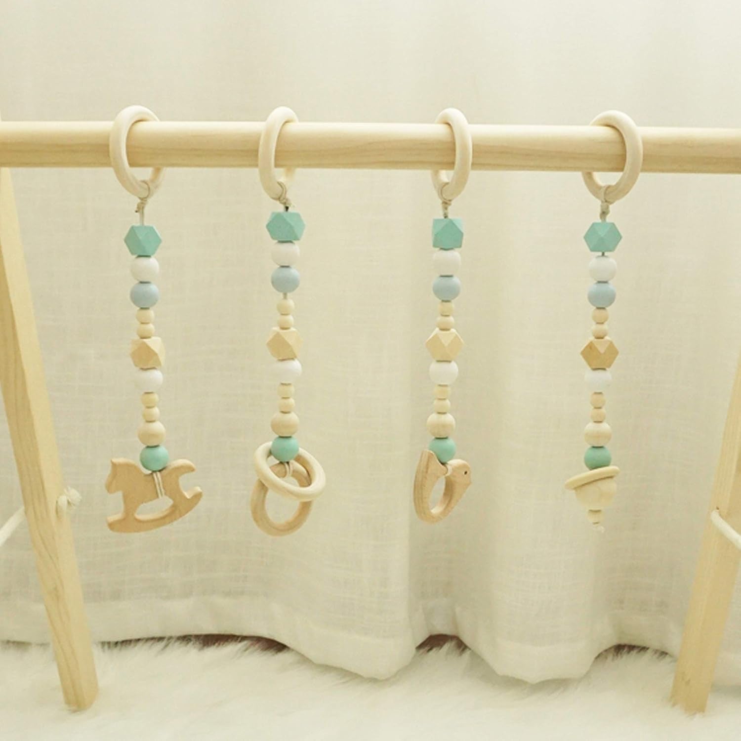 Baby Play Gym, Wooden Baby Gym with 4 Infant Toys, Foldable Wood Gyms Frame Hanging Bar for Toddler, Newborn, Baby Girls and Boys Shower Gift Play Toys