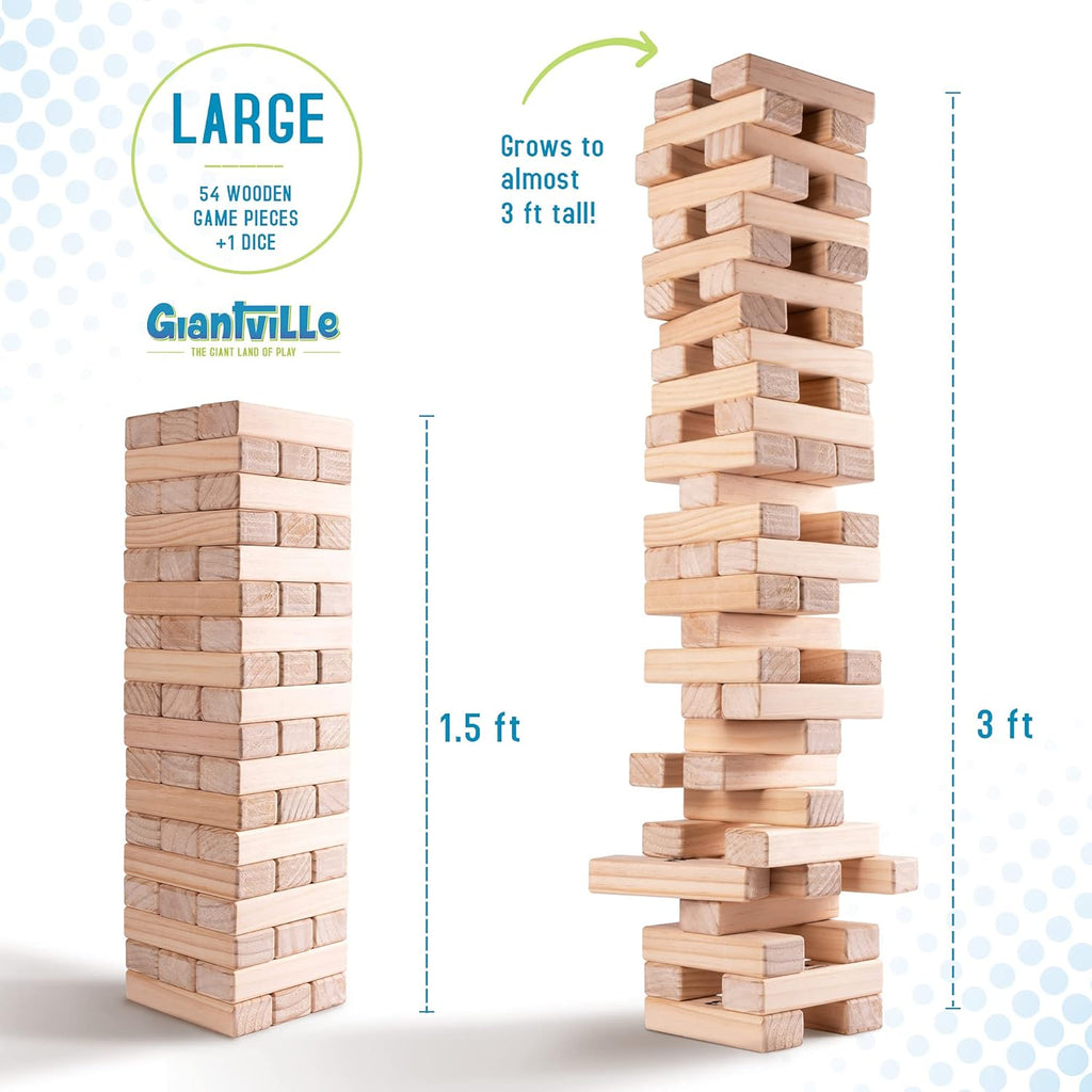 Giant Tumbling Timber Toy - Premium Pine Wood Life-Size Blocks Tower - Big Floor/Board Indoor/Outdoor Yard Game for Kids & Adults - 54-Pieces + Dice + Carry Bag - Grows to Almost 3-Feet