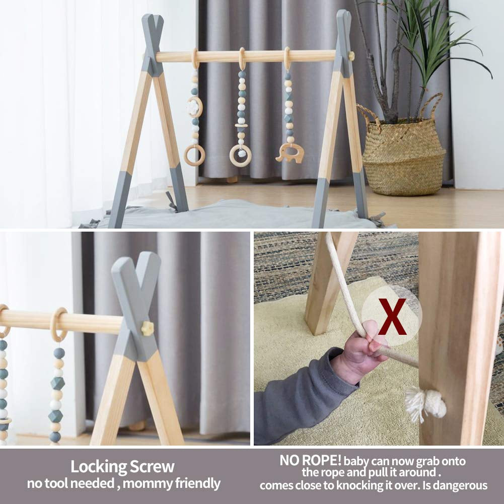 Wooden Baby Play Gym with Mat, Baby Play Gym Frame Activity Gym Hanging Bar with 5 Gym Baby Toys Gift for Newborn Baby