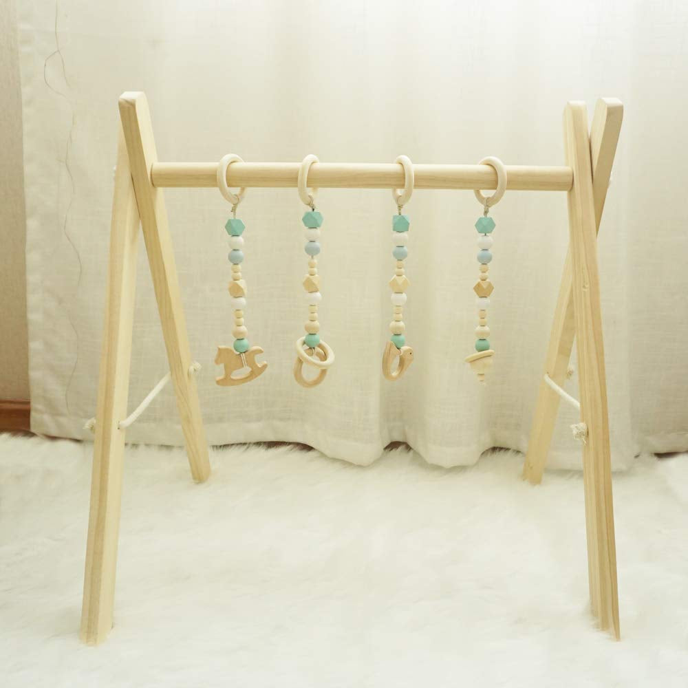 Baby Play Gym, Wooden Baby Gym with 4 Infant Toys, Foldable Wood Gyms Frame Hanging Bar for Toddler, Newborn, Baby Girls and Boys Shower Gift Play Toys