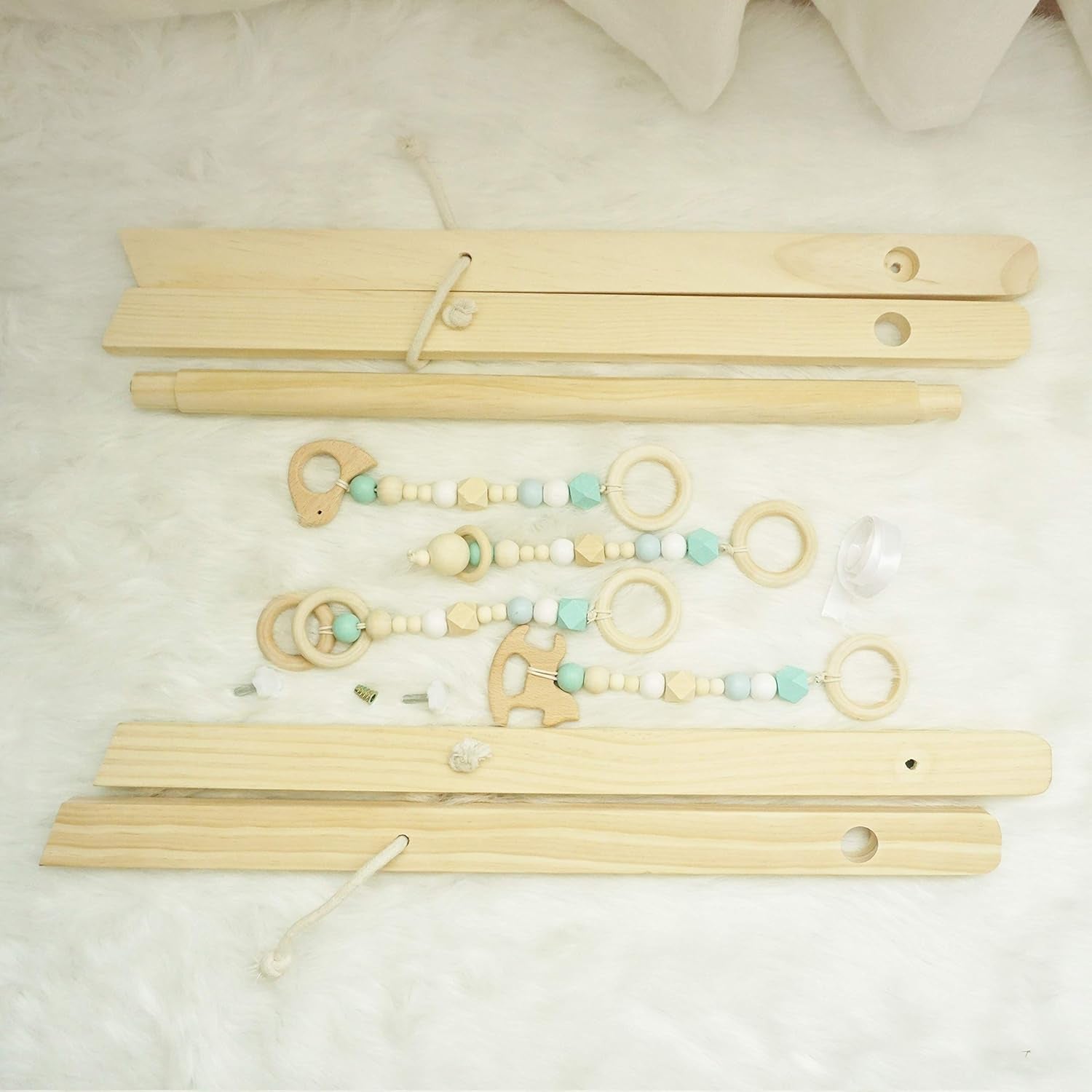 Baby Play Gym, Wooden Baby Gym with 4 Infant Toys, Foldable Wood Gyms Frame Hanging Bar for Toddler, Newborn, Baby Girls and Boys Shower Gift Play Toys