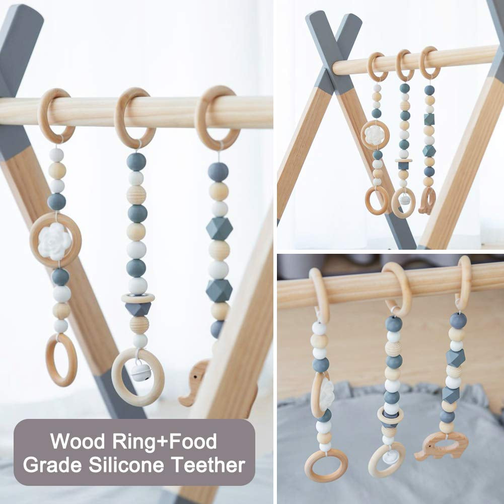 Wooden Baby Play Gym with Mat, Baby Play Gym Frame Activity Gym Hanging Bar with 5 Gym Baby Toys Gift for Newborn Baby