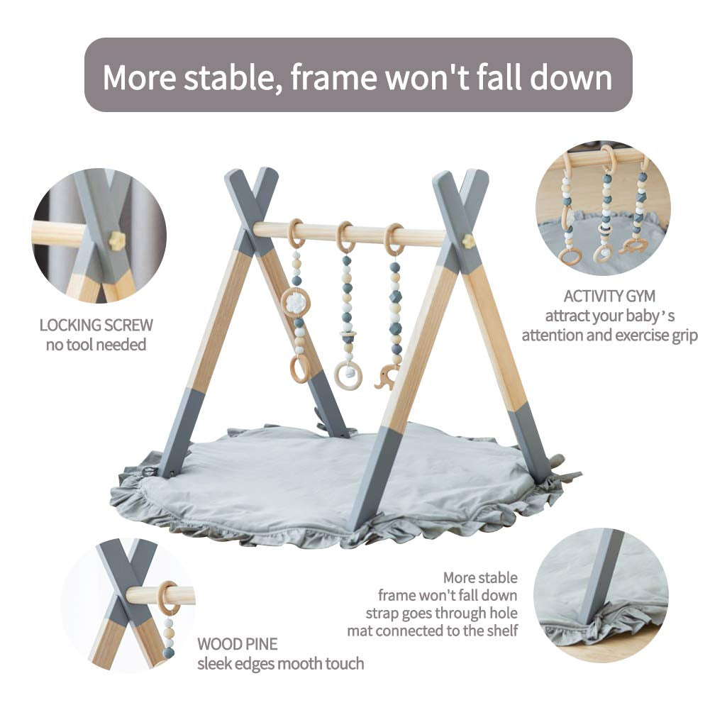 Wooden Baby Play Gym with Mat, Baby Play Gym Frame Activity Gym Hanging Bar with 5 Gym Baby Toys Gift for Newborn Baby
