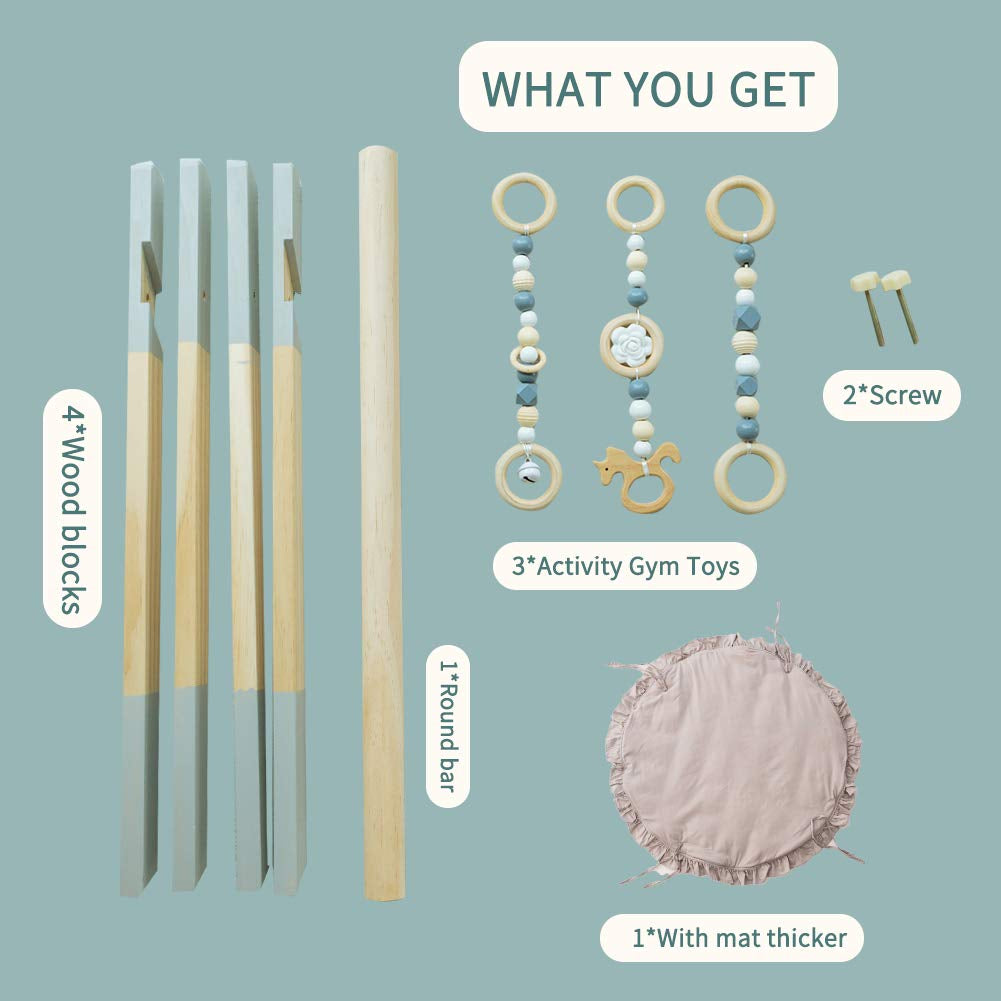 Wooden Baby Play Gym with Mat, Baby Play Gym Frame Activity Gym Hanging Bar with 5 Gym Baby Toys Gift for Newborn Baby