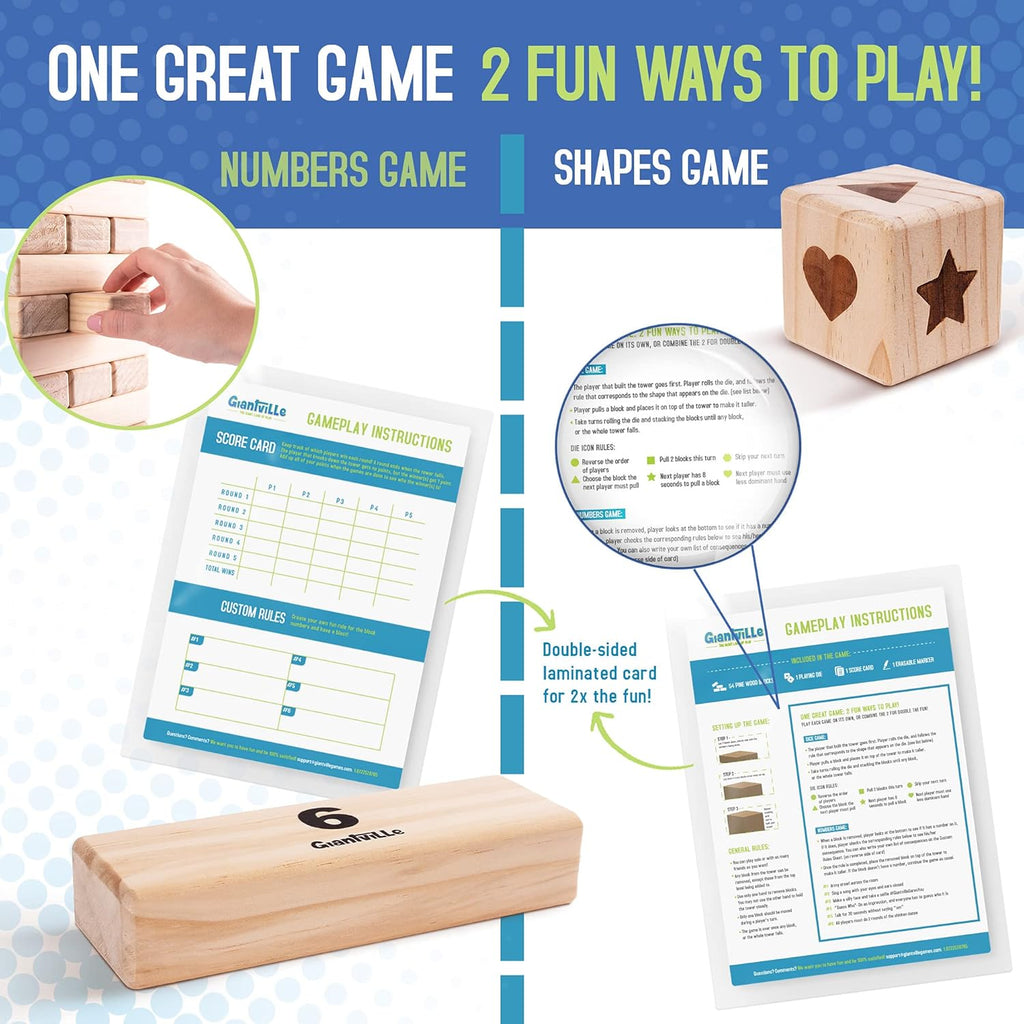 Giant Tumbling Timber Toy - Premium Pine Wood Life-Size Blocks Tower - Big Floor/Board Indoor/Outdoor Yard Game for Kids & Adults - 54-Pieces + Dice + Carry Bag - Grows to Almost 3-Feet