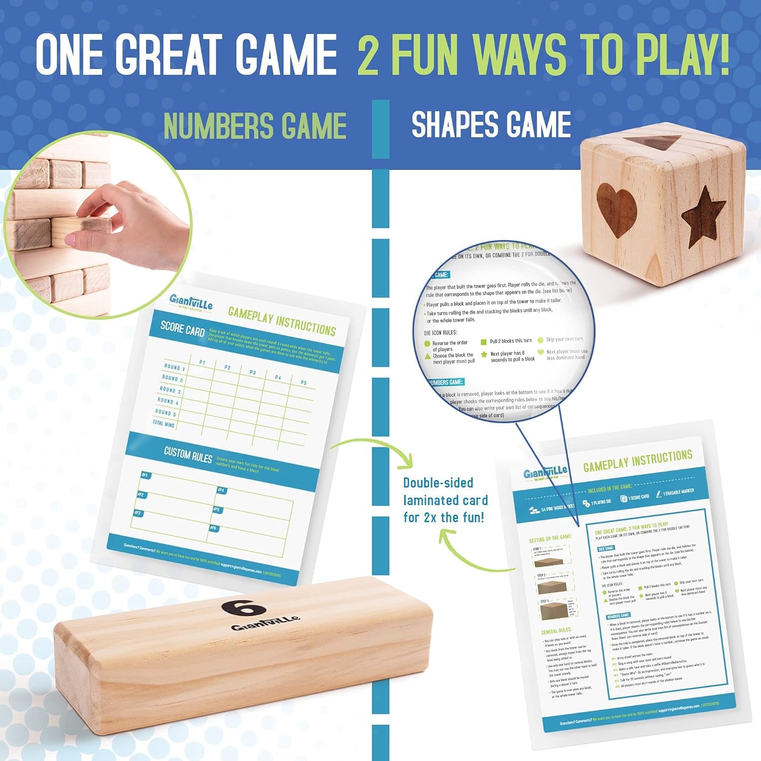 Giant Tumbling Timber Toy - Premium Pine Wood Life-Size Blocks Tower - Big Floor/Board Indoor/Outdoor Yard Game for Kids & Adults - 54-Pieces + Dice + Carry Bag - Grows to Almost 3-Feet